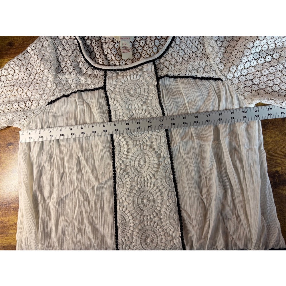 Sundance Ivory Lace Boho embellished Tunic Top Short Sleeve Black Pom Trim Large - Picture 8 of 8